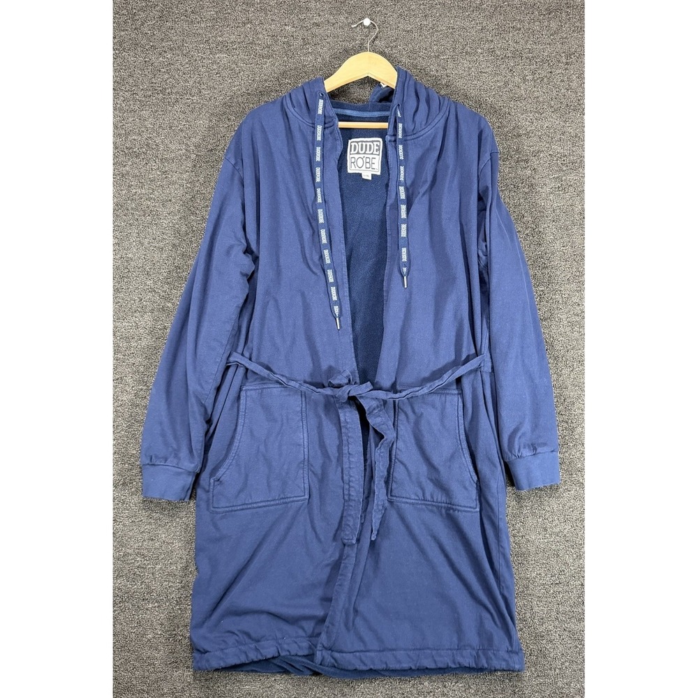 Dude Robe Mens L/XL Blue Hooded Pockets Belt Jersey Cotton Terry Cloth Lined